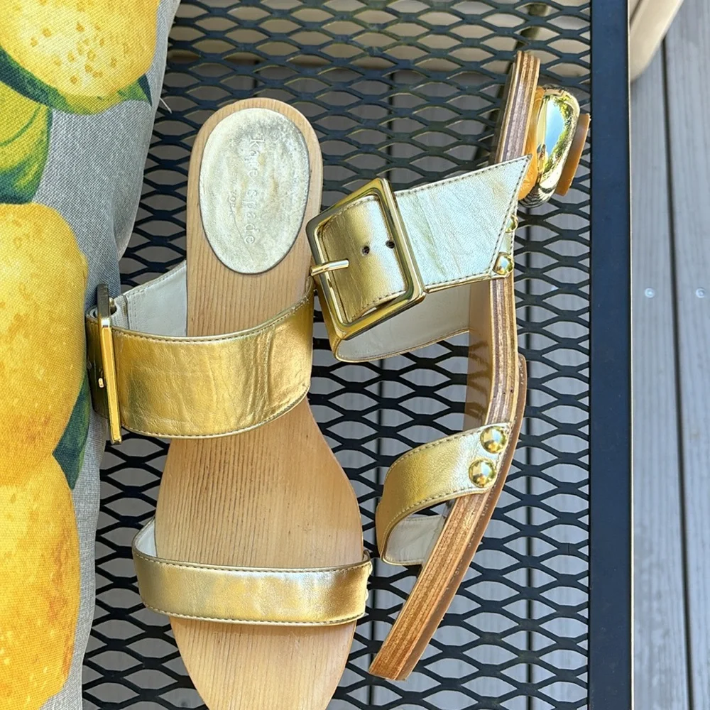 Kate Spade gold double adjustable buckles strap wooden round heel Sandals